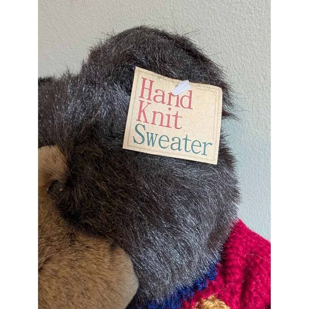Vtg 90s Plush Black Bear Hand Knit Sweater Christmas Tree Winter 12in MTY Int'l